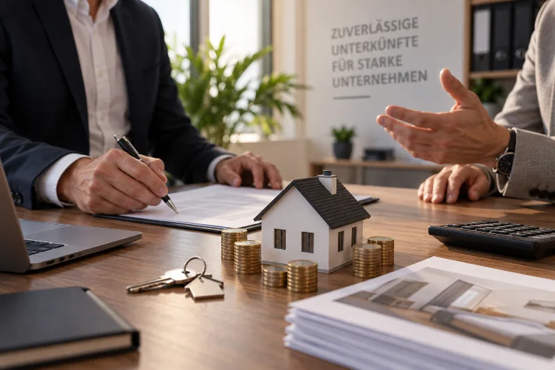 Vertragsgespräch am Schreibtisch mit Modellhaus, Wohnungsschlüsseln und Münzstapeln