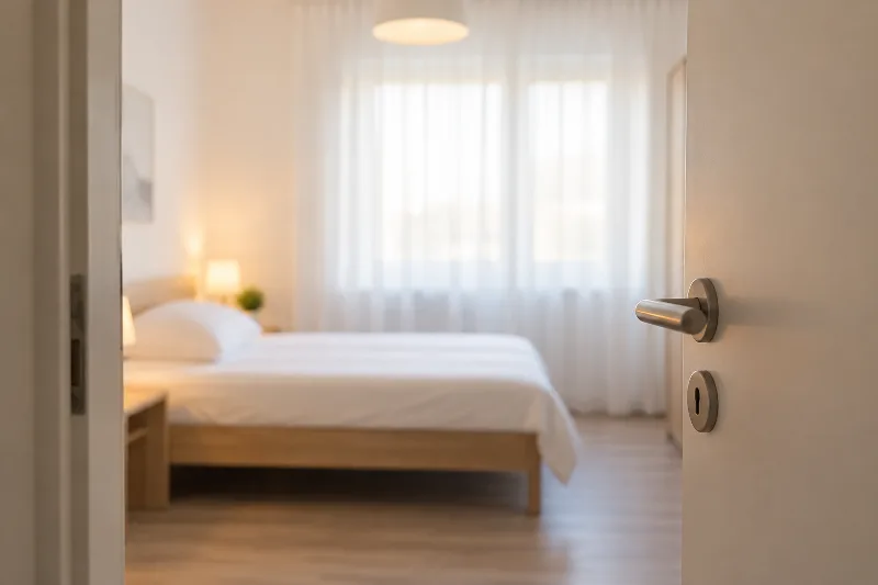 Blick durch eine offene Tür in ein möbliertes Schlafzimmer mit Doppelbett und hellem Fenster