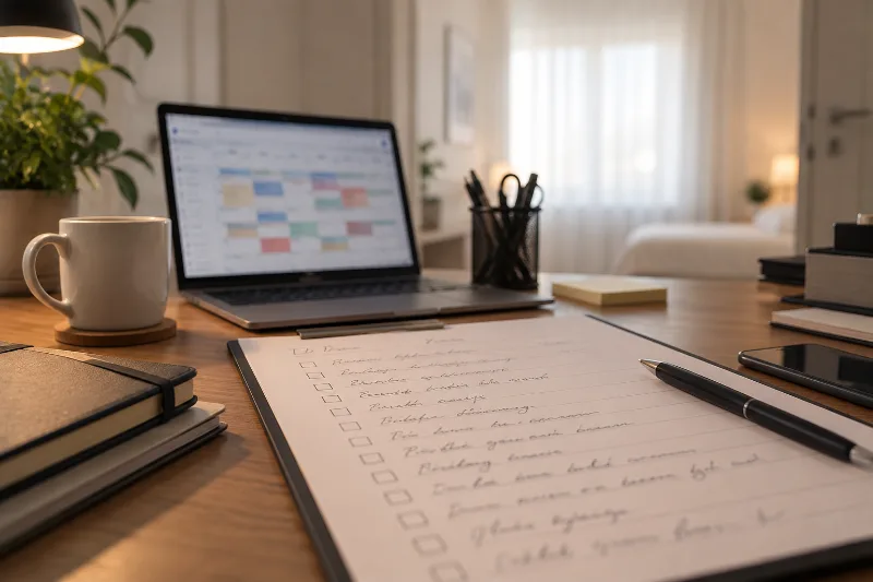 Checkliste auf einem Schreibtisch neben Laptop mit Belegungskalender, Stift und Kaffeetasse
