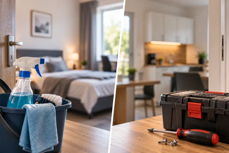 Geteiltes Bild: links ein Putzeimer mit Sprühflasche, Bürste und Tuch vor einem frisch bezogenen Bett, rechts ein Werkzeugkoffer mit Schraubendreher auf dem Tisch einer möblierten Wohnung