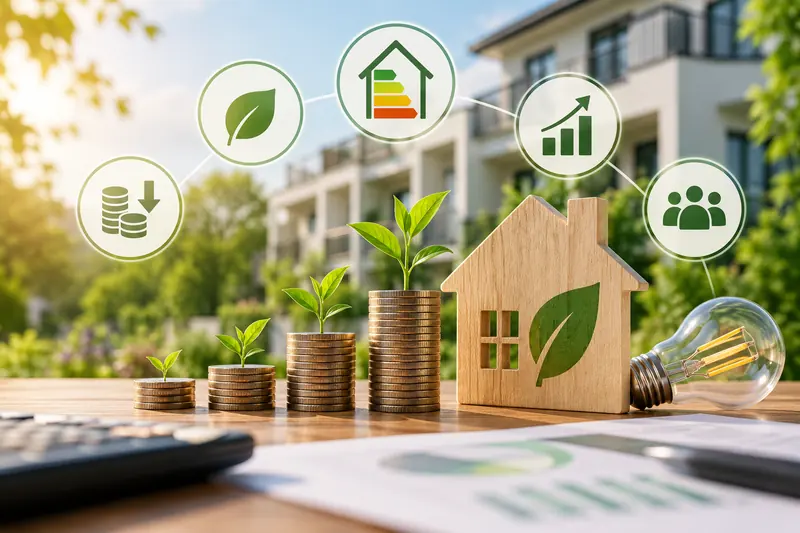 Münzstapel mit wachsenden Pflanzen, ein Holzhaus mit Blattsymbol und eine Glühbirne vor einem begrünten Wohnhaus, darüber Symbole für Kostensenkung, Energieeffizienz, Wachstum und Gäste