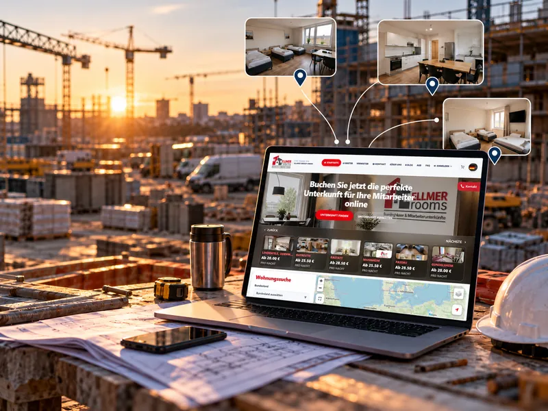 Laptop mit der Ellmer-Rooms-Website auf einem Tisch an einer Baustelle bei Sonnenuntergang, daneben Bauhelm, Thermobecher und Baupläne; darüber Fotos von Schlafzimmern und einer Küche mit Standortmarkierungen
