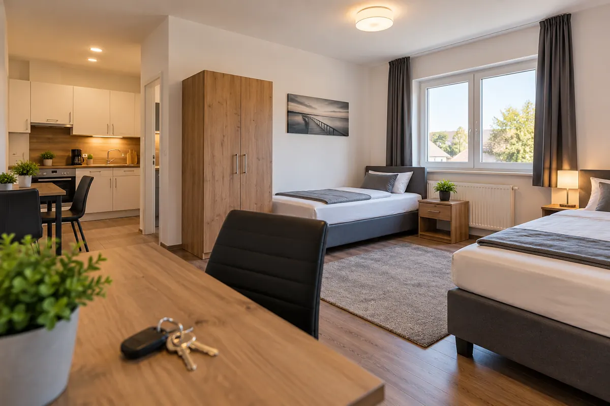 Möbliertes Apartment mit Küche, Betten und Schlüssel auf dem Tisch