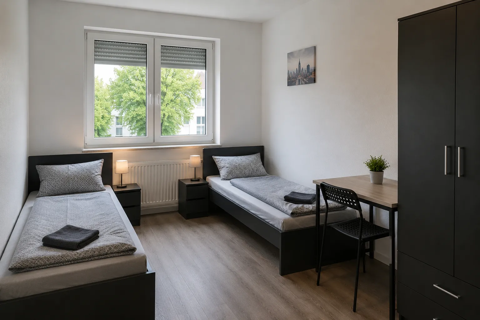 Einfaches Zimmer mit Einzelbetten, kleinem Tisch und Schrank